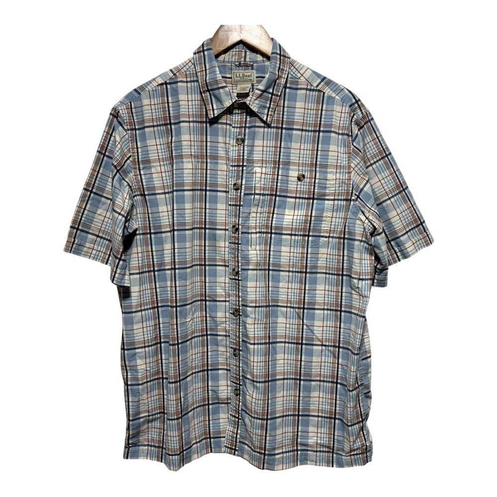 LL Bean Shirt Mens L Tall Blue Plaid Short Sleeve Coolmax Outdoor Hiking Button